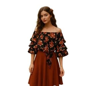 CeCe Black & Red Floral Off-Shoulder‎ Ruffle Sleeve Blouse Size M